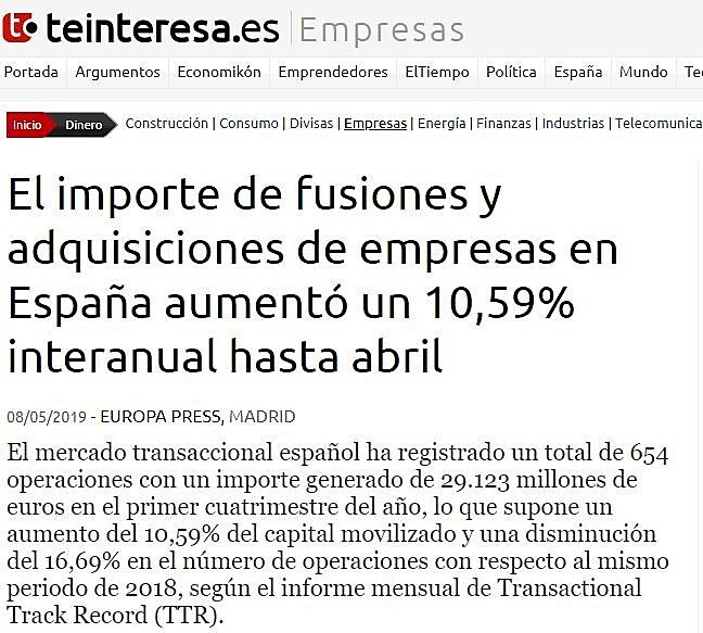 El importe de fusiones y adquisiciones de empresas en Espaa aument un 10,59% interanual hasta abril